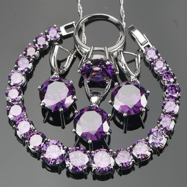 Tout mariage violet Zircon argent 925 ensembles de bijoux Bracelets boucles d'oreilles avec pierres pendentif collier anneaux ensemble bijoux cadeau B258E