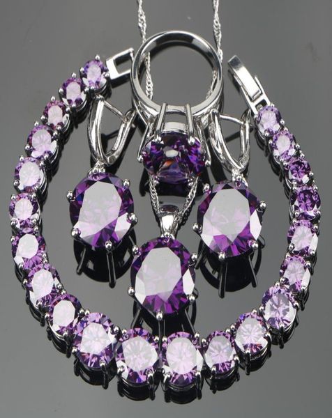 Tout mariage violet Zircon argent 925 ensembles de bijoux Bracelets boucles d'oreilles avec pierres pendentif collier anneaux ensemble bijoux cadeau B9922547