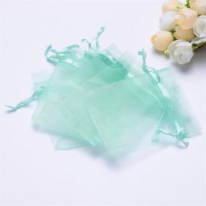 Entier-entier 9x12CM 100pcs / lot cordon Tiffany bleu sacs en organza faveur de mariage cadeau de Noël sacs d'emballage de bijoux 176i