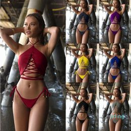 Hele Vrouwen Cross Bandage Bikini 4 Kleuren Lage Taille Strand Badpak Effen Kleur Bandage Push Up Badpak 2 stuks set OOA6810244h