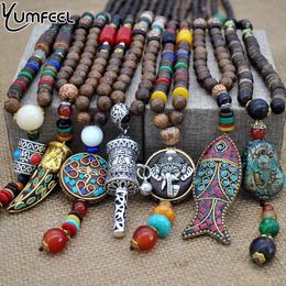 Todo Yumfeel hecho a mano joyería de Nepal budista Mala cuentas de madera colgante collar étnico cuerno pez collar largo llamativo para Wo290Z