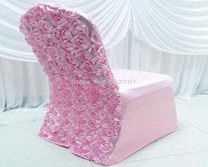 Couverture de chaise lycra Stretch Stretch Stretch Stretch avec une fleur de rosette en satin 3D Back9300681