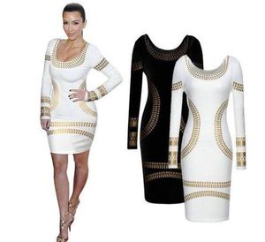 Whole2015 Celebrity Kim Egypt Gold Foil Imprime à manches longues Robe Bodycon WF51426071564