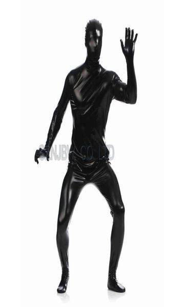 Wholeadult mens fausse cuir métallique noir vif de la peau complète zentai costume costume halloween costume bodySuit unitard leotard5971238