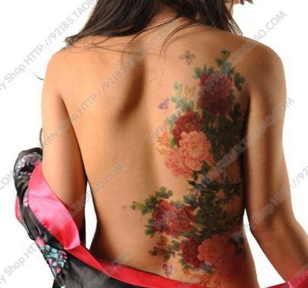 Taille entier Fleurs de pivoine Phoenix papillon arrière imperméable grand autocollant de tatouage temporaire pour art corporel 10 types de styles3596370