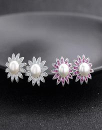 Holefashion Popular Luxury Classic Designer Diamond Sun Flower Pearl S925 Sterling Silver Stud -oorbellen voor Woman7086654