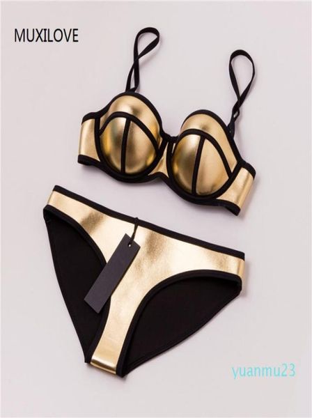 WholeMUXILOVE 100 néoprène été rembourré push up bikini ensemble femmes sexy maillot de bain maillot de bain biquini maillot de bain Gold6151744