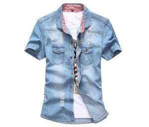 Wholenew Men Denim Blue Blouse Shirt US UK Flag Flag à manches courtes Camisa Camisa Vintage Jean Chemises Brand Shirts 4 Color6006663