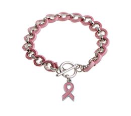 Wholenew Pink Ribbon Cáncer de mama Concienciamiento de la vigilia de la visera Bracelets brazaletes de la aleación rosa amor cinta chenille brazo 6566683