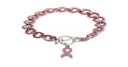 WholeNew Pink Ribbon Breast Cancer Awareness Wake Visor Charm Armbanden Bangles Roze legering Liefde lint Chenille geweven Brace6298823
