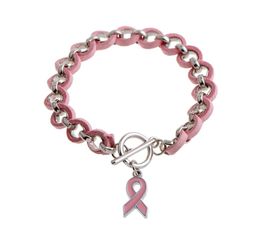 WholeNew Pink Ribbon Breast Cancer Awareness Wake Visor Charm Armbanden Bangles Roze legering Liefdeslint Chenille geweven Brace4720519