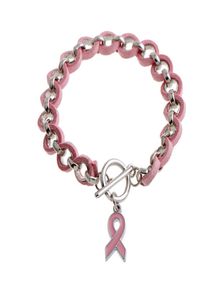 WholeNew Pink Ribbon Concientización sobre el cáncer de mama Wake Visor Charm Pulseras Brazaletes Aleación rosa Cinta de amor Chenille tejido Brace3816024