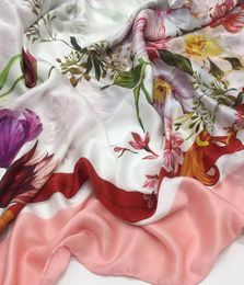 Wholenew stijl 100 zijde materiaal roze kleur print bloemen vierkante sjaals sjaal voor dames maat 130cm 130cm7402146