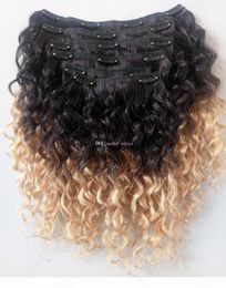 Extensions de cheveux brésiliens naturels Remy à clips, Style cheveux bouclés, noir naturel 1b blond ombré, couleur 3638502, vente en gros