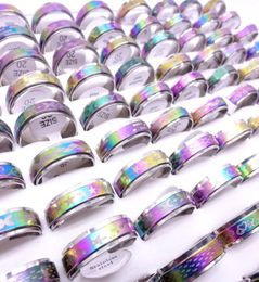 Wholesae 100PCsLot Stainless Steel Spin Band Rings Rotatable Multicolor Laser Printed Mix Patterns Fashion Jewelry Spinner Party 8328144