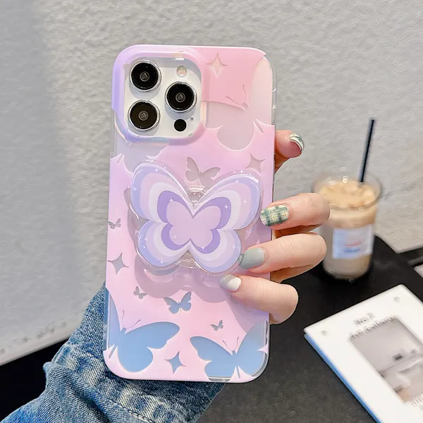 Vente en gros gratuit DHL Ins Colorful Stars papillon Transparent Silicone Phone Case avec support pour IPhone 14 Plus 13 12 11 Pro X XS XR Max