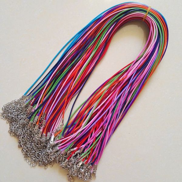 Venta al por mayor, cordón de cuero encerado de 1,5mm, cuerda para collar, cadena de 45cm, cierre de langosta, accesorios de joyería DIY, 100 unids/lote, Color mezclado