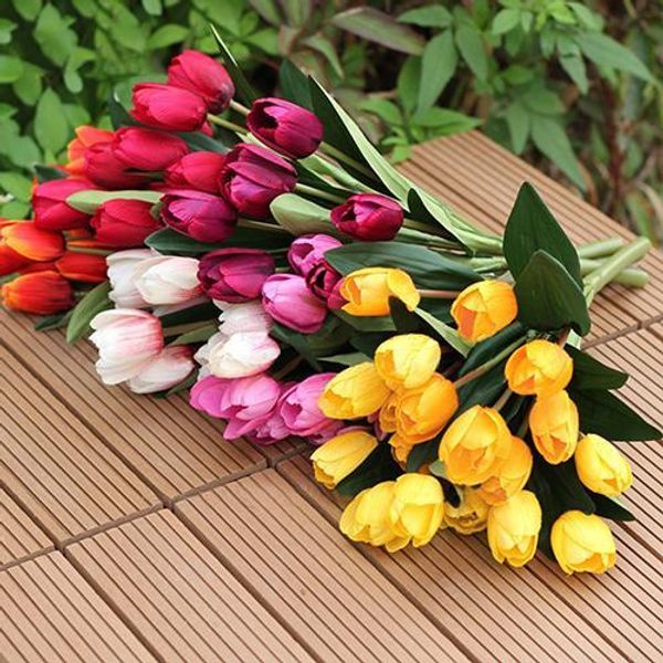 Venta al por mayor- 1 ramo 9 cabezas de tulipán falso Flor de seda artificial Oficina en casa Decoración de la boda 6NCJ