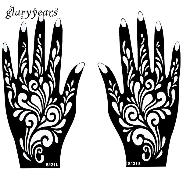 Al por mayor-1 par de manos Mehndi Henna Tattoo Plantilla Diseño de patrón de flores para mujeres Cuerpo Mano Arte Pintura Desechable 20 cm * 11 cm S121