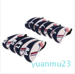 Groothandel-10 stuks White Blue USA Flag Neopreen Golf Club Iron Head Cover Headcover 13 * 5,7cm