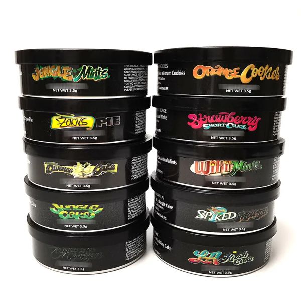 wholesale 10 types 3.5G Jungle Boy Tuna Can bouteille 100ML Cali Presstin Cans avec autocollants Vide Fleur d'herbes sèches Conteneur en métal 7323mm