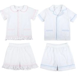 Al por mayor ropa 100% algodón blanco de algodón para niños niños pequeños Pajamas Pajamas Setswear 2024 Summer hermanos Pajamas 240506