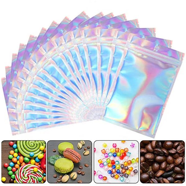 wholesale 100 pièces Sacs en mylar refermables Couleur holographique Taille multiple Clear Zip Lock Food