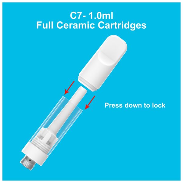 Allanado Cartucho de aceite grueso 100% Atomizadores de vape de aceite Pyrex Cabellado de cerámica de cerámica C7 C7 Tanque 0.5 1 ml 2.0ml 510 Cartuchos de rosca Vapes vacíos Vapor en gran