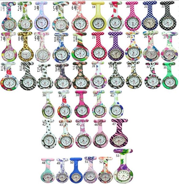 Venta al por mayor 1000 unids/lote mezcla 53 colores nueva enfermera Fob reloj broches silicona leopardo túnica baterías enfermera reloj NW004