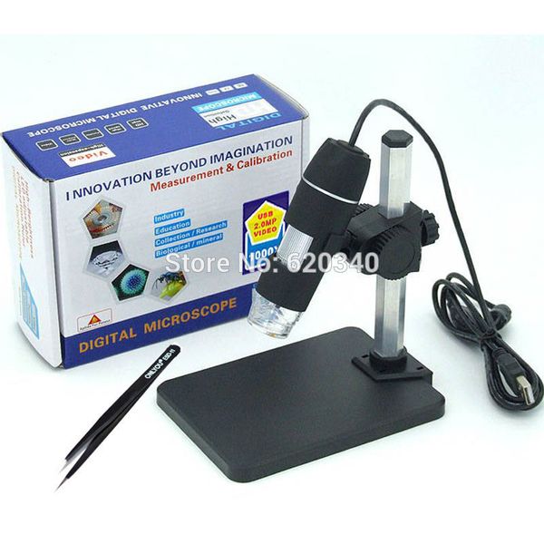 Livraison gratuite en gros 1000x microscope numérique USB + support (nouveau), endoscope à 8 LED avec logiciel de mesure microscope usb + pince à épiler