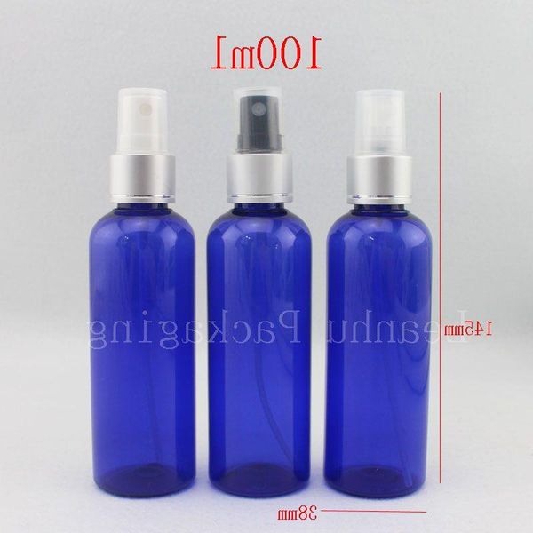 Venta al por mayor de botellas rociadoras de PET redondas azules de 100ml X 50 para agua, bomba rociadora con boquilla anodizada de 100cc, botella rociadora de niebla cosmética Gxenw