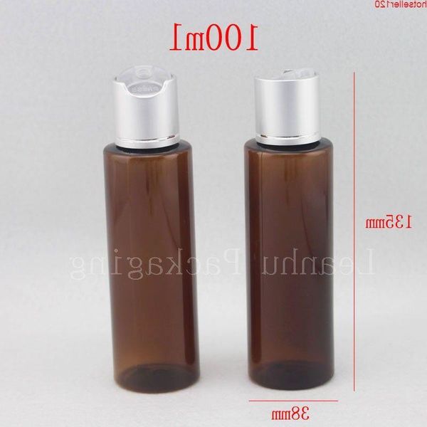 wholesale Tapa de disco de botella de plástico de tóner anodizado de lujo marrón de 100 ml X 50, botellas de contenedor de PET de perfume cosmético de 100 cc de alta calidad Aukkk