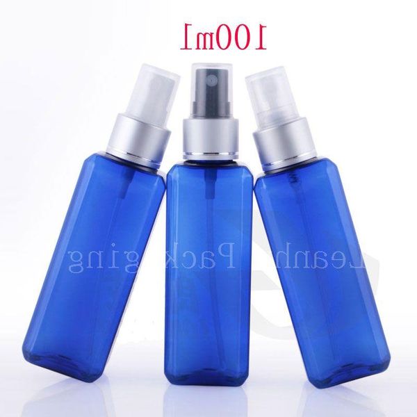 Venta al por mayor de botellas de perfume de aerosol de niebla de lujo azul cuadrado de 100 ml X 50 para envases de cosméticos, rociador de contenedor de plástico de 100 cc Wodmn