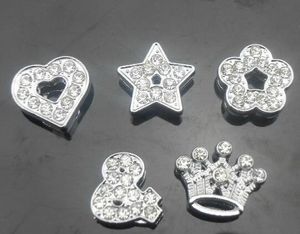 Groothandel 100 stks / partij 10mm Mix Styles (Heart Star Crown Flower) Full Thinestones Slide Charms Fit voor 10mm DIY Lederen Polsband