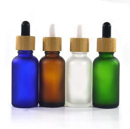 Groothandel 100 stks 30ml Frosted Amber Blue Green Glass Dropper Fles met Bamboe Cap Packaging Sale Droppers SN5347