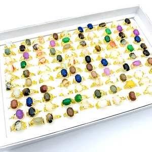 En gros 100 pièces/boîte femmes anneaux pierre naturelle bijoux de mode accessoires argent plaqué or avec une boîte d'exposition