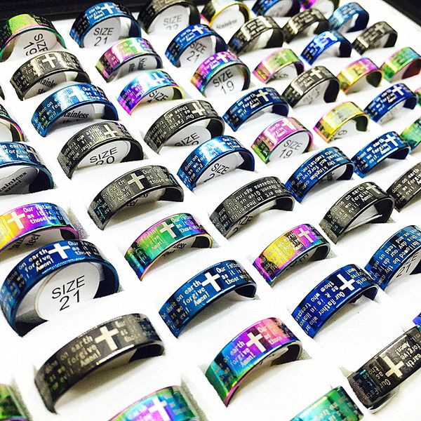 Venta al por mayor 100 piezas Oración del Señor en cruz inglesa Anillos de acero inoxidable Hombres Mujeres Moda Dios la oración de la serenidad Anillo mezclar colores dropshipping