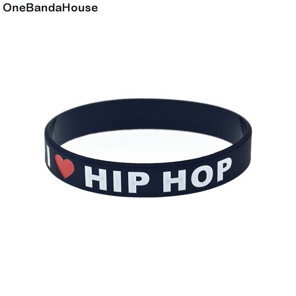 100PCS I Love Hip Hop Bracelet en caoutchouc de silicone Logo rempli d'encre noir et blanc pour les fans de musique