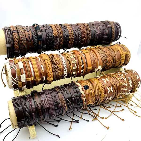 Venta al por mayor 100 unids/lote pulseras de cuero brazalete para hombres y mujeres joyería de moda hecha a mano cuerda tamaño ajustable negro marrón multicolor