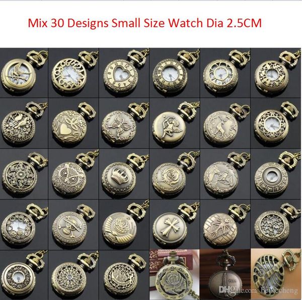 En gros 100pcs / lot Mix 30 Designs Case Dia 2.5CM Pendentif Chaîne Quartz Bronze Petite Couronne Montre Montre De Poche PW048