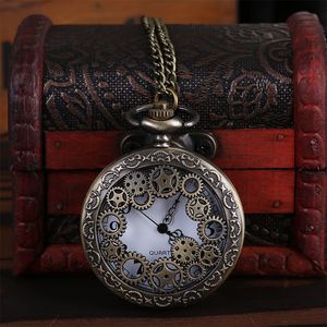 Venta al por mayor 100 unids/lote colgante cadena cuarzo bronce reloj engranajes hueco reloj de bolsillo PW004