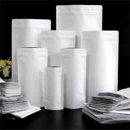 en gros de 100pcs / lot stand up white kraft papier en aluminium sac emballage emballage pochette gastronomie coffee collation realable sacs rangement de rangement