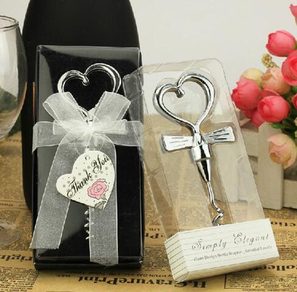 Venta al por mayor 100 unids/lote boda favorece regalos corazón sacacorchos abrebotellas con cinta y etiqueta