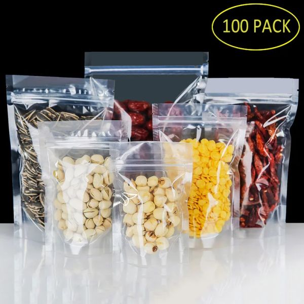 en gros 100pcs Pet Transparent Zip Lock Sacs en plastique Mylar Bag Zip Lock Stand Up Food Spice Powder Pouthing Pouchage Clear LL