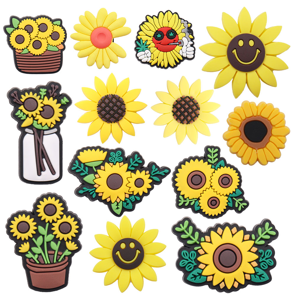 Venta al por mayor, 100 Uds., abalorios para zapatos con hebilla de girasol y flor de PVC, accesorios para adultos para pulsera, decoraciones de zuecos con botones