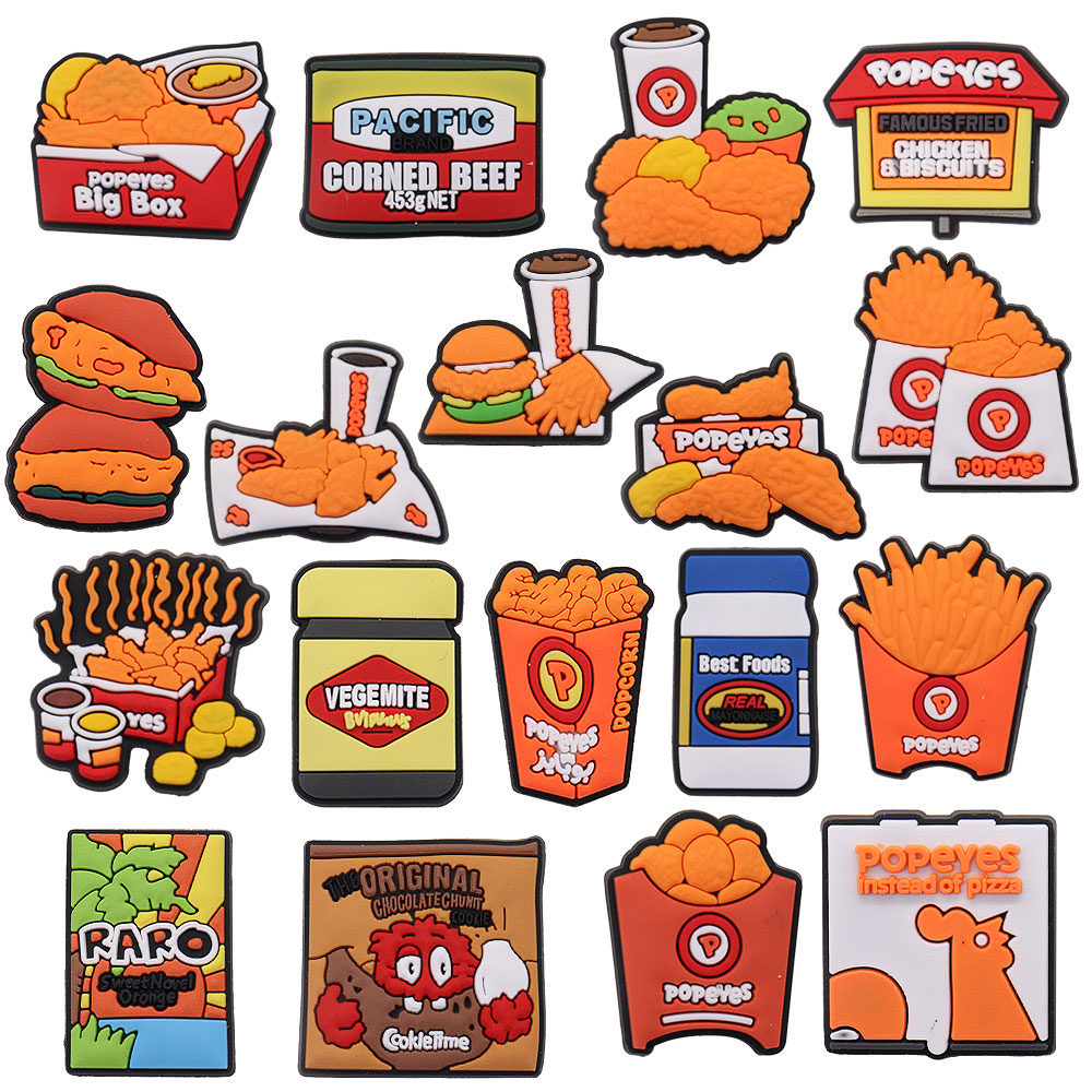 Partihandel 100st PVC Fried Chicken Hamburger Drinks Shoe Charms Vuxen Spänne Dekorationer för armbandsknappen