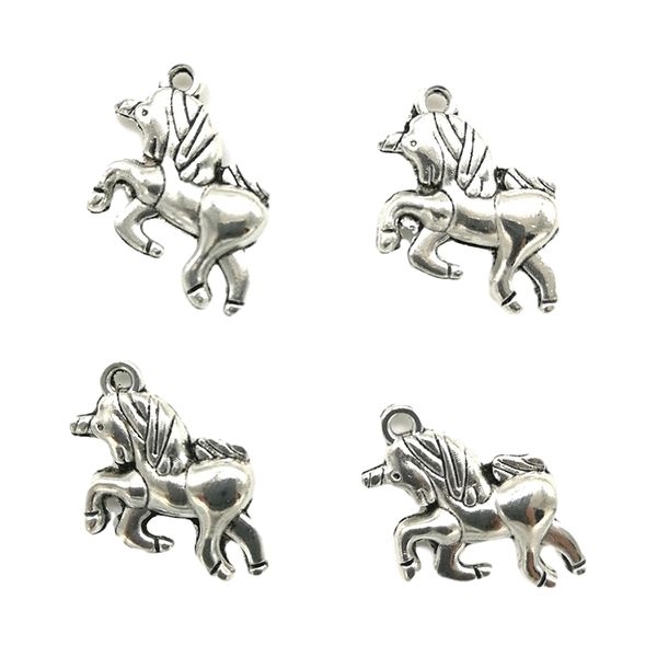 Venta al por mayor, 100 Uds., colgante de aleación de unicornio, joyería Retro, llavero DIY, colgante de plata antigua para pulsera, pendientes, 20x20mm