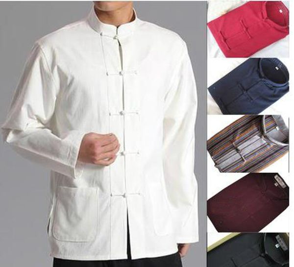Venta al por mayor-10 colores trajes tradicionales de algodón puro traje masculino Hombres artes marciales camisas de manga larga topwing chun kungfu tai chi uniformes