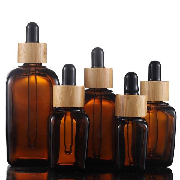 Vente en gros 10 ml 20 ml 30 ml 50 ml 100 ml Bouteilles d'huile essentielle de compte-gouttes en verre carré brun vide avec pipette et capuchon en caoutchouc en bambou