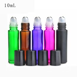 Groothandel 10 ml frosted glazen roll op fles parfum roller etherische olie fles met metalen bal roze groen blauw zwart amber kleur lx2145